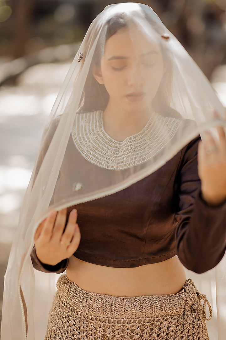 Brown Moti Embroidered Skirt Set by Nikita Vishakha at Pernia's Pop Up Shop