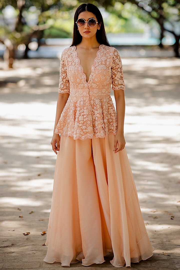 Peach Organza Gharara Set by Nikita Vishakha