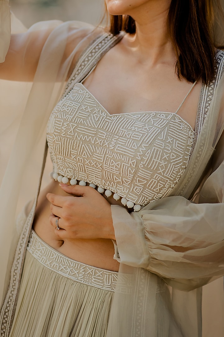 Light Olive Geometric Moti Embroidered Skirt Set by Nikita Vishakha at Pernia's Pop Up Shop