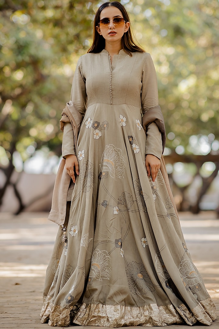 Light Olive Green Embroidered Gown by Nikita Vishakha