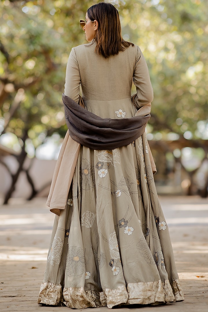 Light Olive Green Embroidered Gown by Nikita Vishakha at Pernia's Pop Up Shop