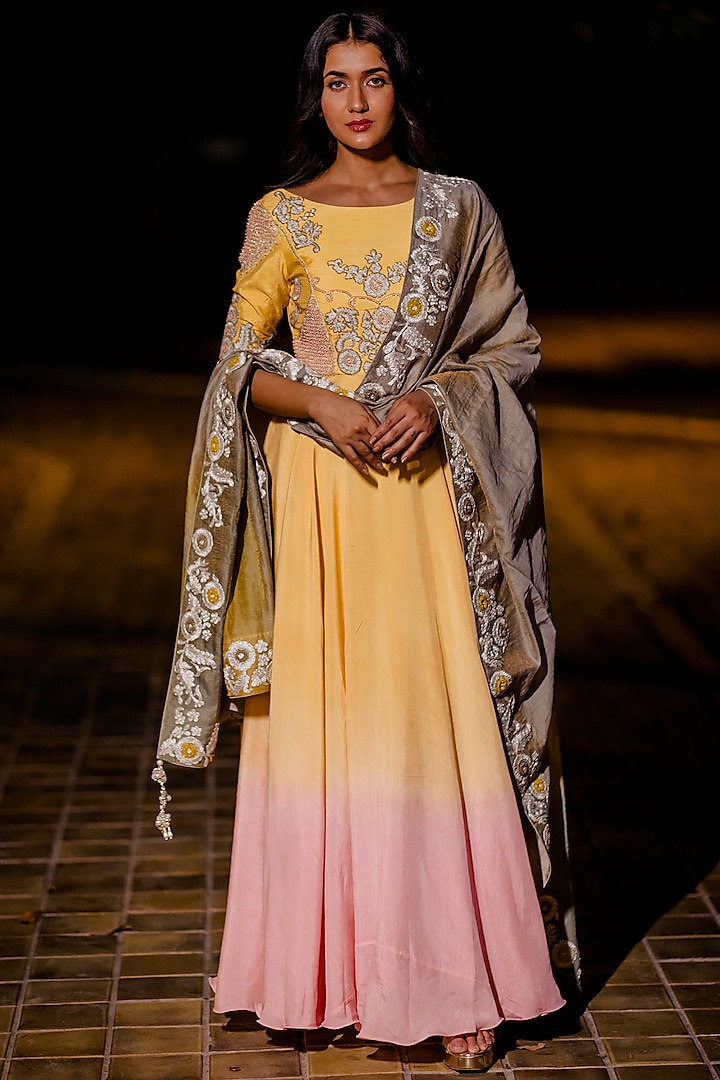Yellow & Pink Embroidered Gown by Nikita Vishakha