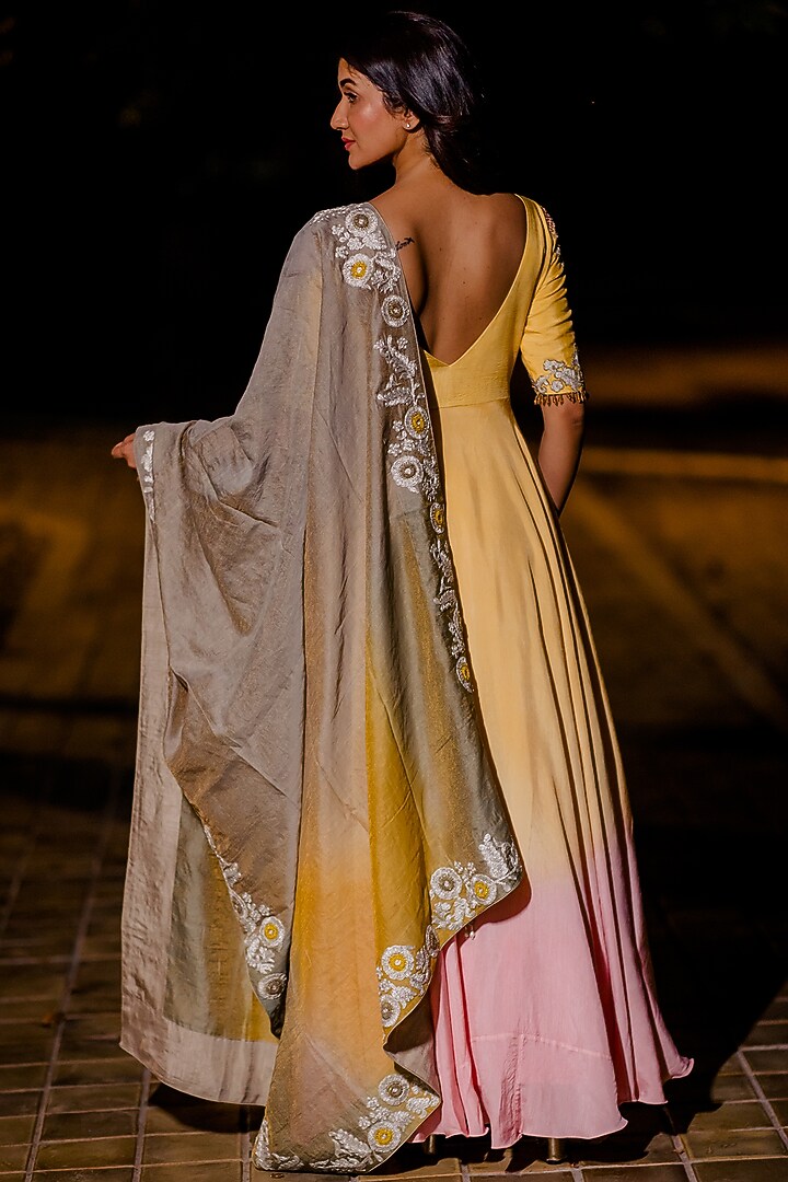 Yellow & Pink Embroidered Gown by Nikita Vishakha at Pernia's Pop Up Shop