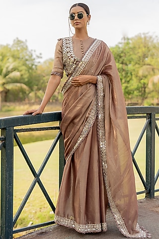 Bronze Tissue & Raw Silk Mirror Embroidered Jacket Saree Set by Nikita Vishakha