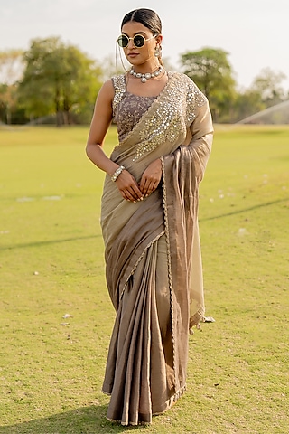 Platinum-Beige Tissue Embroidered Pre-Draped Saree Set by Nikita Vishakha