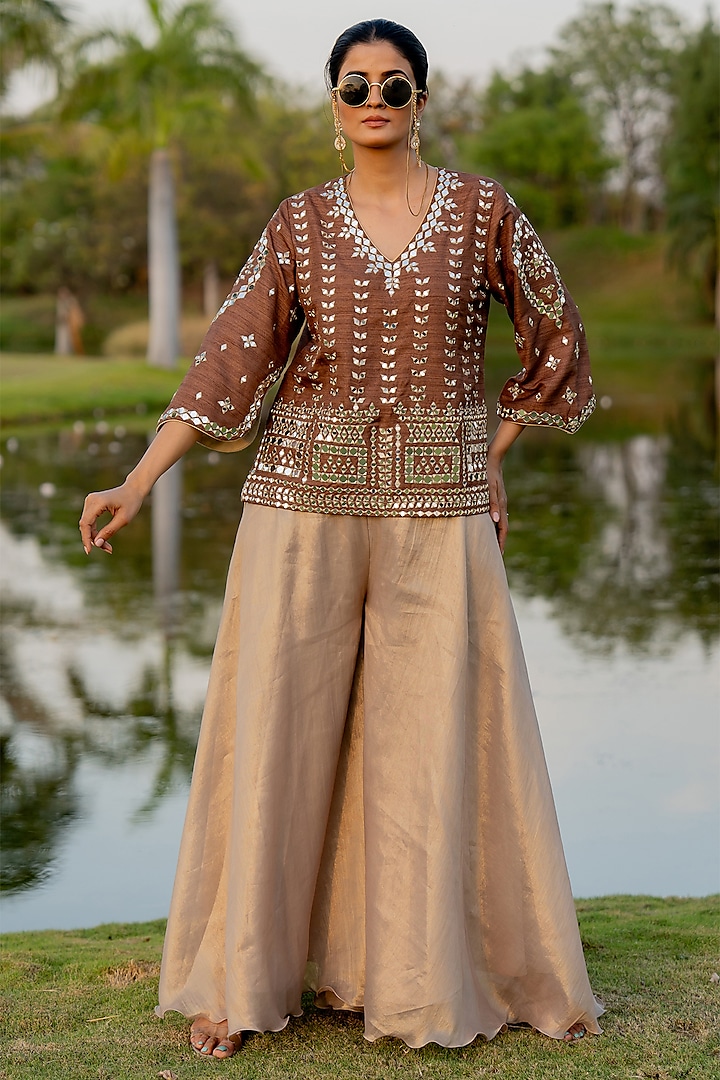 Bronze Tissue Sharara Set by Nikita Vishakha at Pernia's Pop Up Shop