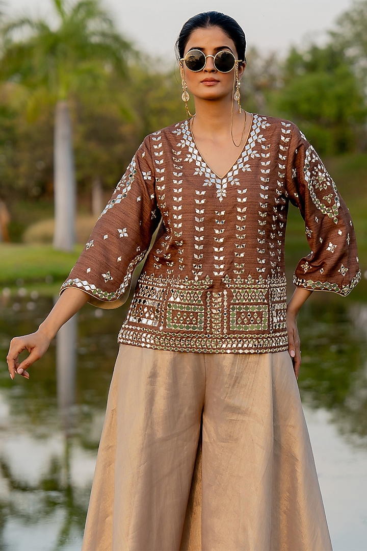Bronze Tissue Party Wear Sharara Set by Nikita Vishakha at Pernia's Pop Up Shop