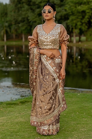 Bronze Tissue hand Embroidered Saree Set by Nikita Vishakha