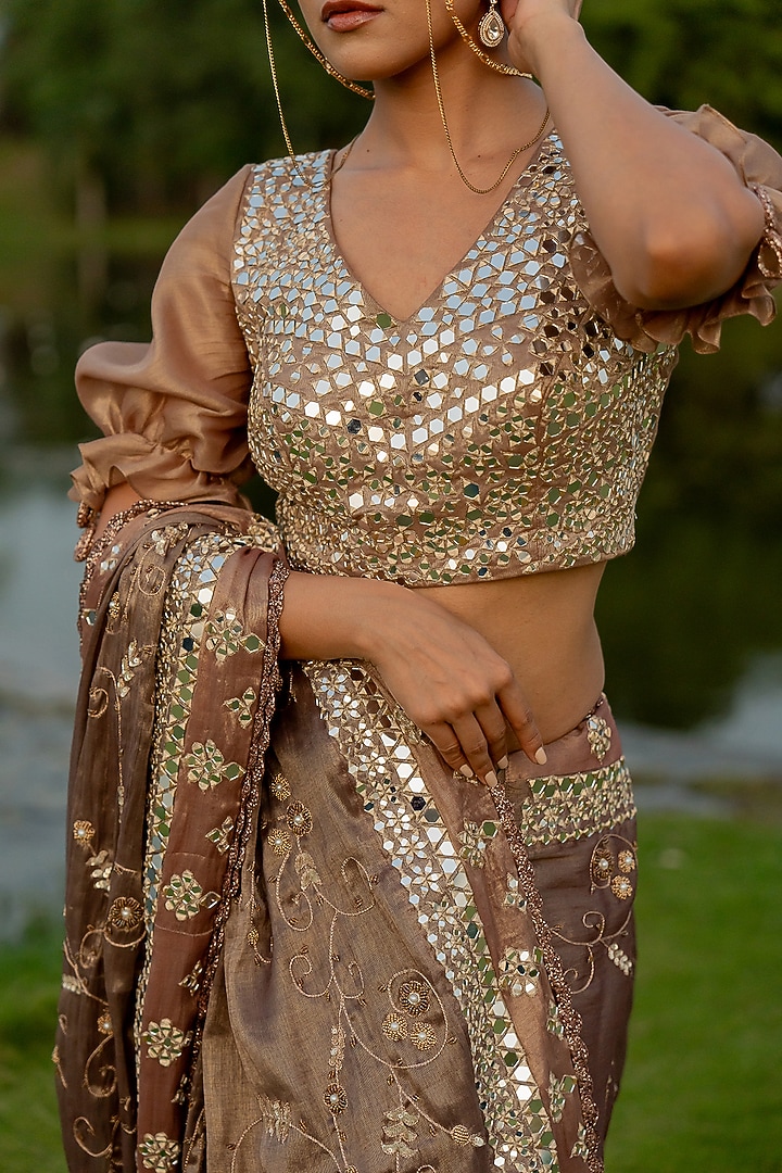 Bronze Tissue hand Embroidered Reception Saree Set by Nikita Vishakha at Pernia's Pop Up Shop