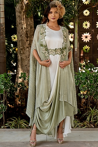 Green Crepe Ombre Cowl Jacket Dress by Nikita Vishakha