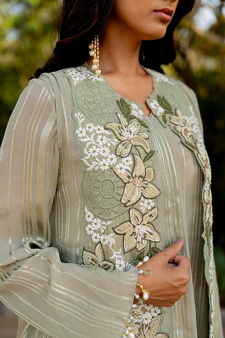 Green Lurex & Crepe Thread Embroidered Jacket Set by Nikita Vishakha at Pernia's Pop Up Shop