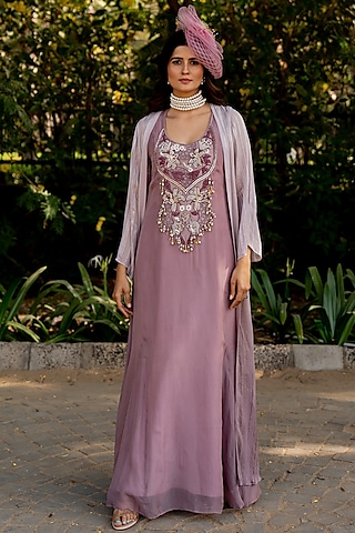 Lilac Lurex & Crepe Thread Embroidered Jacket Dress by Nikita Vishakha