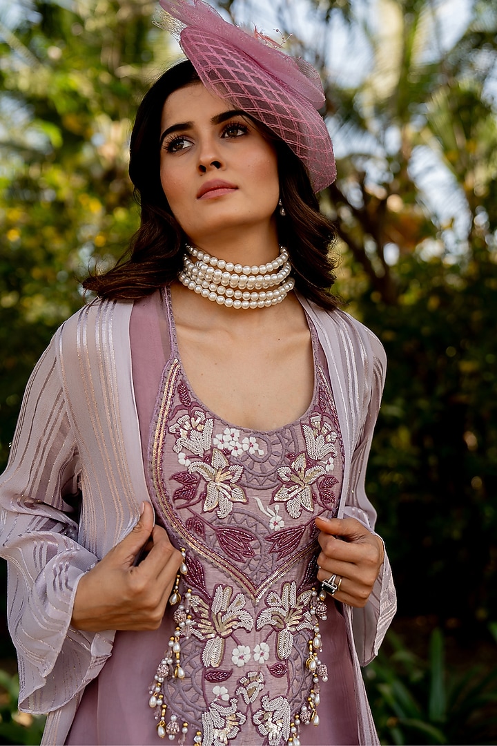 Lilac Lurex & Crepe Thread Embroidered Jacket Vacation Dress by Nikita Vishakha at Pernia's Pop Up Shop