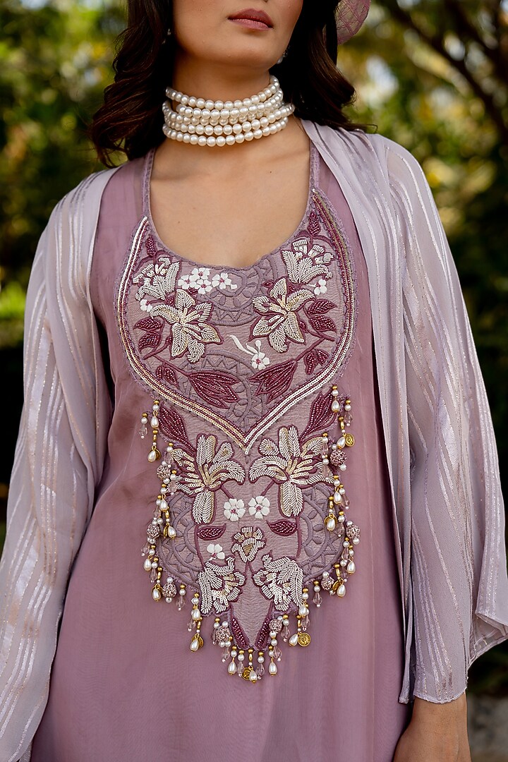 Lilac Lurex & Crepe Thread Embroidered Jacket Vacation Dress by Nikita Vishakha at Pernia's Pop Up Shop