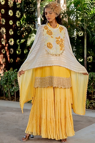 Yellow Raw Silk Flared Sharara Set by Nikita Vishakha