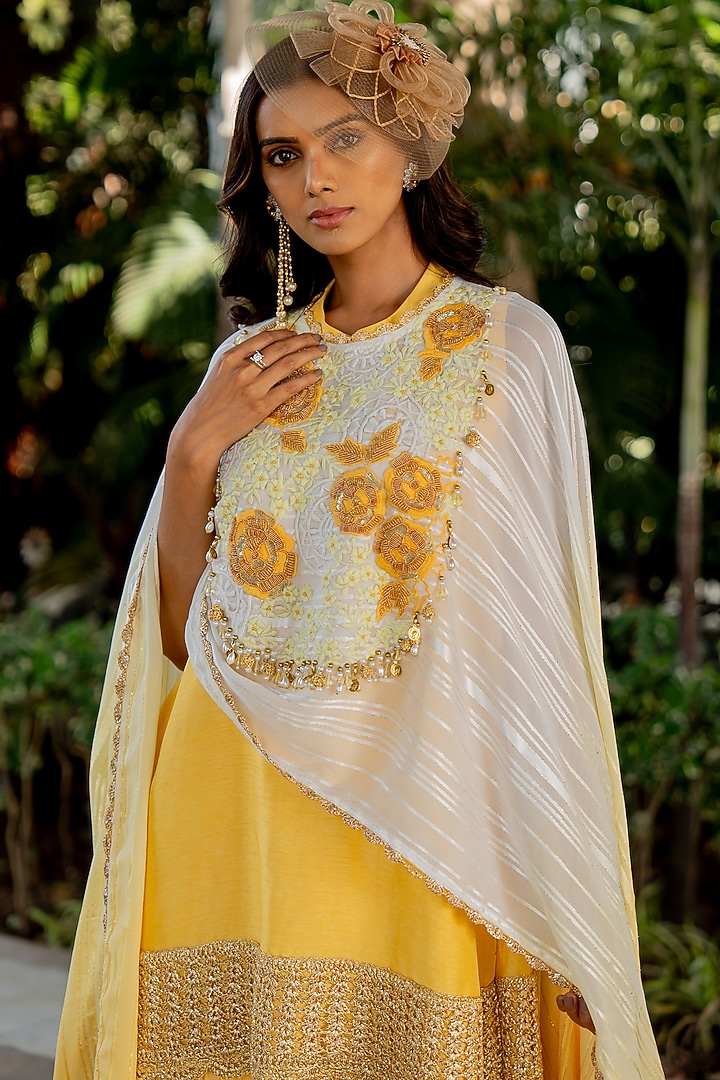 Yellow Raw Silk Flared Wedding Sharara Set by Nikita Vishakha at Pernia's Pop Up Shop