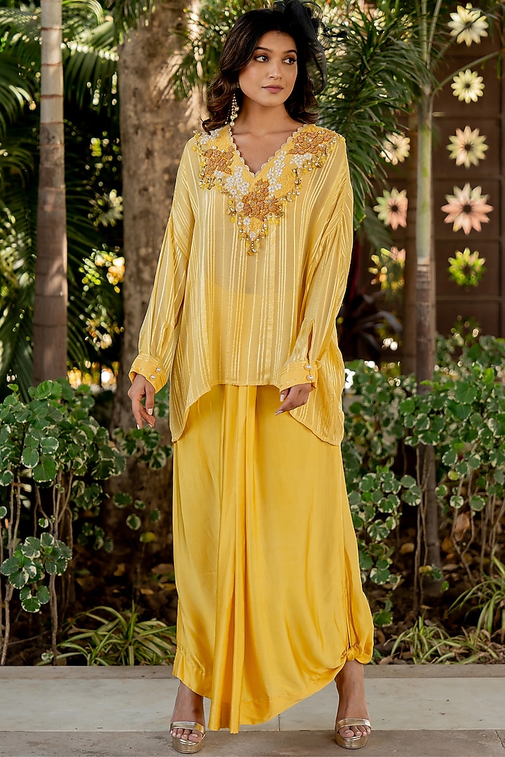 Yellow Lurex Pleated Skirt Set by Nikita Vishakha at Pernia's Pop Up Shop