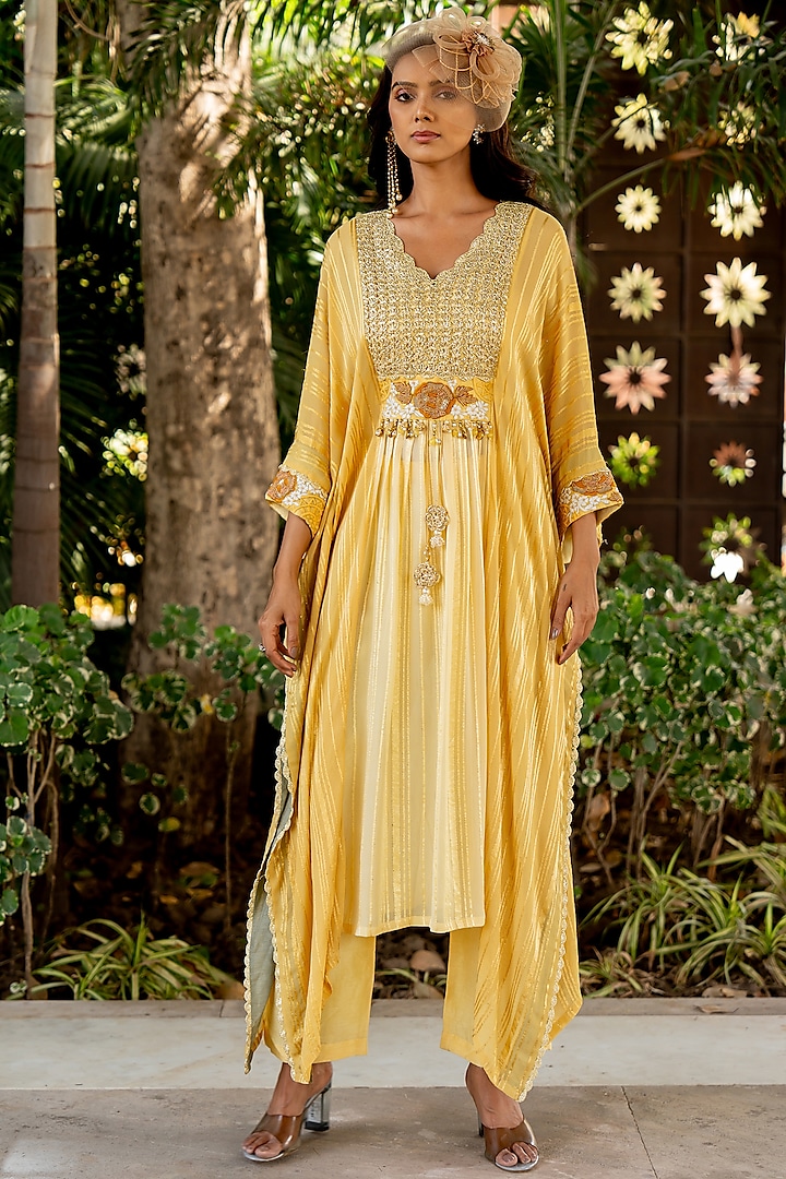 Yellow Raw Silk Thread Embroidered Kaftan Set by Nikita Vishakha at Pernia's Pop Up Shop