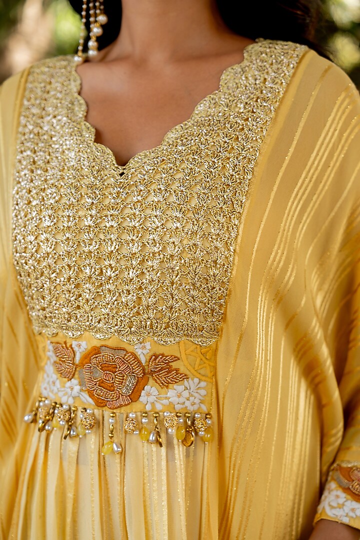 Yellow Raw Silk Thread Embroidered Kaftan Set by Nikita Vishakha at Pernia's Pop Up Shop