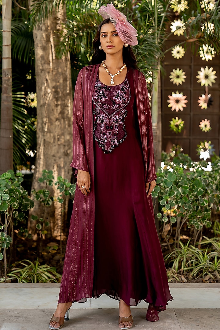 Wine Lurex & Crepe Thread Embroidered Jacket Dress by Nikita Vishakha at Pernia's Pop Up Shop