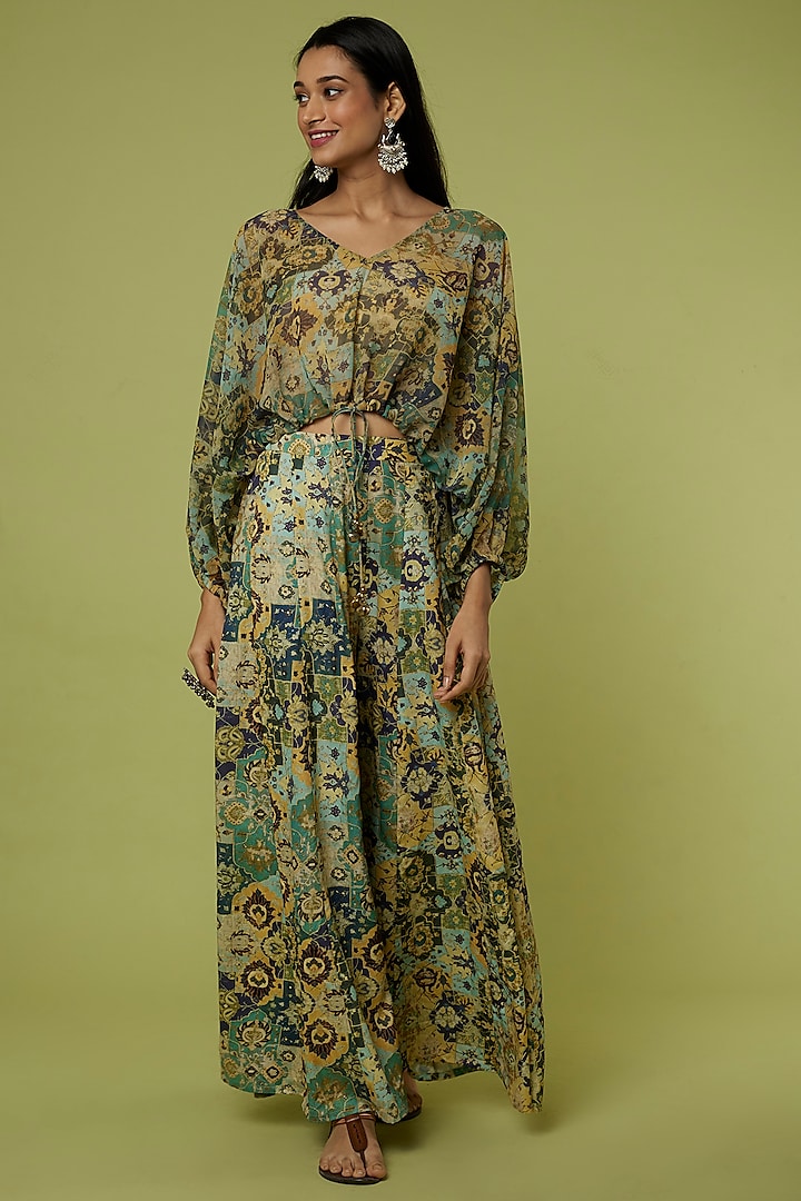 Green Printed Palazzo Pant Set by Nikita Vishakha