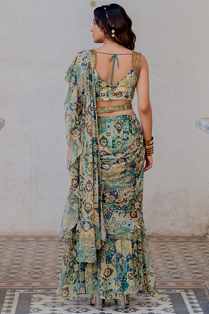 Green Georgette & Net Printed Ruffled Draped Wedding Saree Set by Nikita Vishakha at Pernia's Pop Up Shop