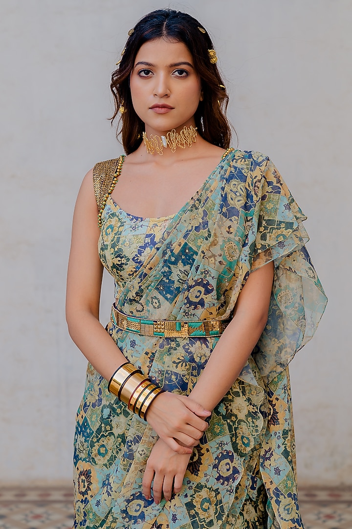 Green Georgette & Net Printed Ruffled Draped Wedding Saree Set by Nikita Vishakha at Pernia's Pop Up Shop