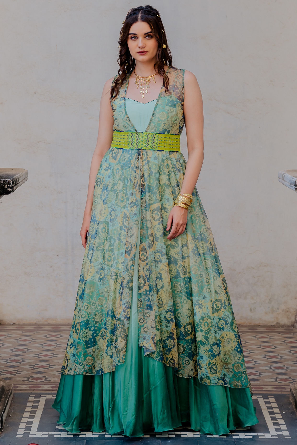 Green Ombre Organza Gown With Cape & Belt by Nikita Vishakha
