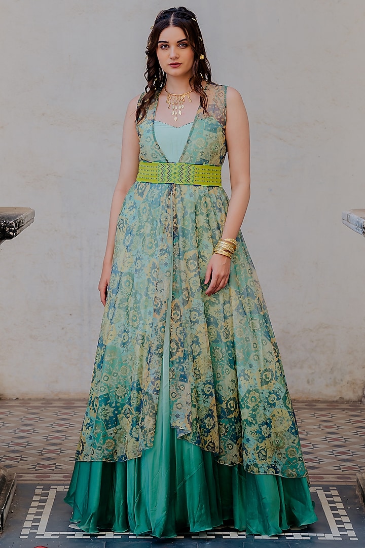 Green Ombre Organza Gown With Cape & Belt by Nikita Vishakha