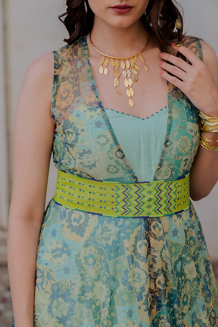 Green Ombre Organza Party Wear Gown With Cape & Belt by Nikita Vishakha at Pernia's Pop Up Shop