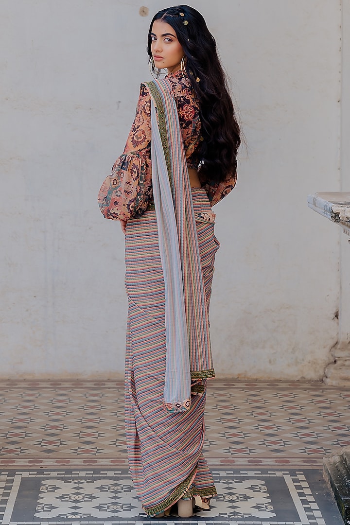 Rust Georgette Stripe Printed Wedding Saree Set by Nikita Vishakha at Pernia's Pop Up Shop