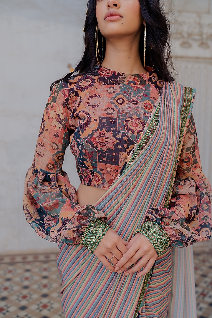 Rust Georgette Stripe Printed Wedding Saree Set by Nikita Vishakha at Pernia's Pop Up Shop