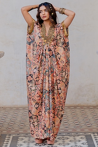 Rust Printed Kaftan by Nikita Vishakha