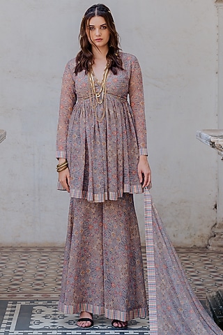 Grey Georgette Printed Sharara Set by Nikita Vishakha