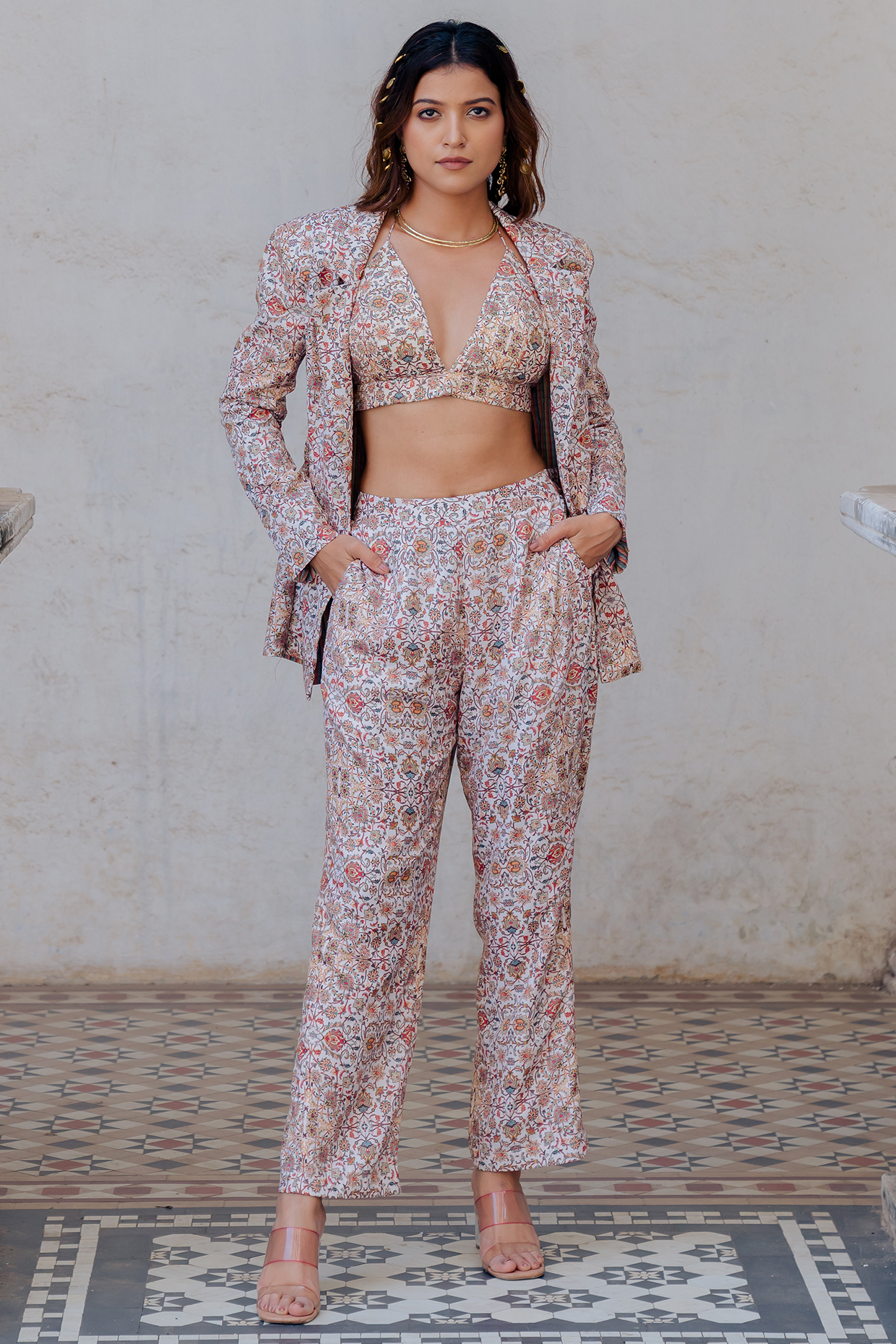 White Sequins Printed Pant Set by Nikita Vishakha