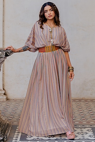 Beige Printed Dress With Belt by Nikita Vishakha