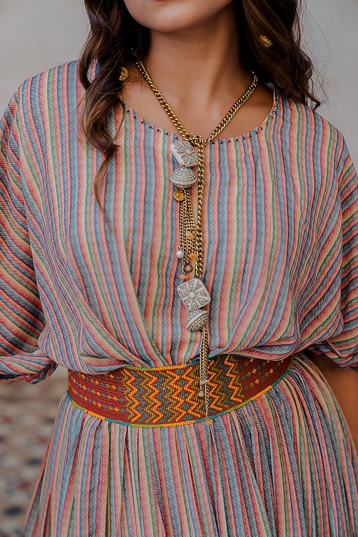 Beige Printed Vacation Dress With Belt by Nikita Vishakha at Pernia's Pop Up Shop