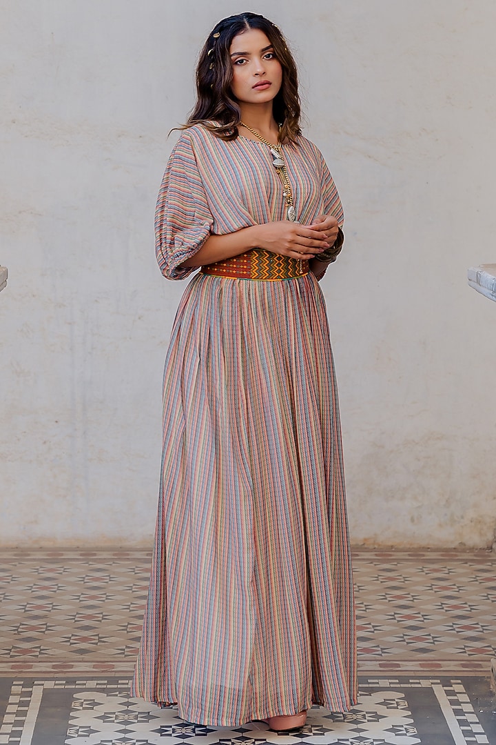 Beige Printed Vacation Dress With Belt by Nikita Vishakha at Pernia's Pop Up Shop