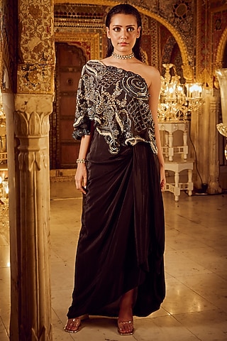 Black Crepe Draped Skirt Set by Nikita Vishakha