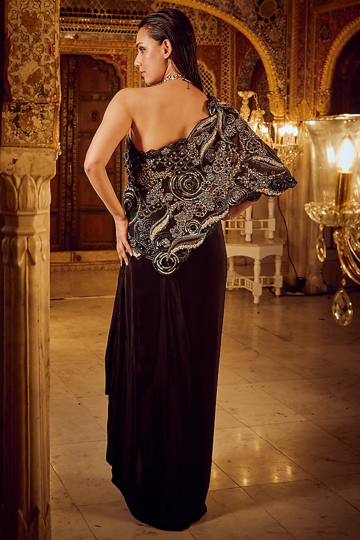Black Crepe Draped Skirt Set by Nikita Vishakha at Pernia's Pop Up Shop