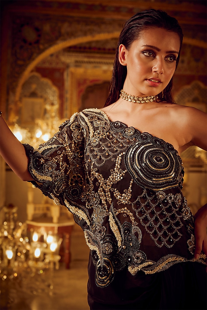 Black Crepe Draped Skirt Set by Nikita Vishakha at Pernia's Pop Up Shop