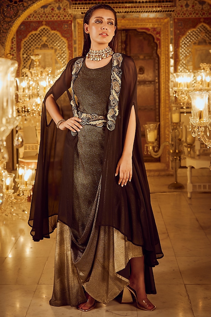 Black Foil & Butter Crepe Draped Jacket Dress by Nikita Vishakha at Pernia's Pop Up Shop