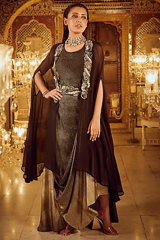 Black Foil & Butter Crepe Draped Jacket Dress by Nikita Vishakha