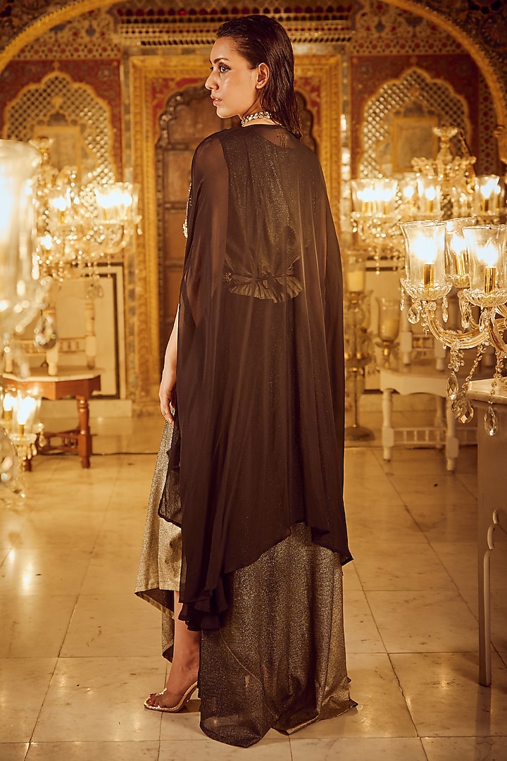 Black Foil & Butter Crepe Draped Jacket Cocktail Dress by Nikita Vishakha at Pernia's Pop Up Shop