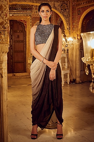 Black Shimmer & Ombre Cowl Skirt Saree Set by Nikita Vishakha