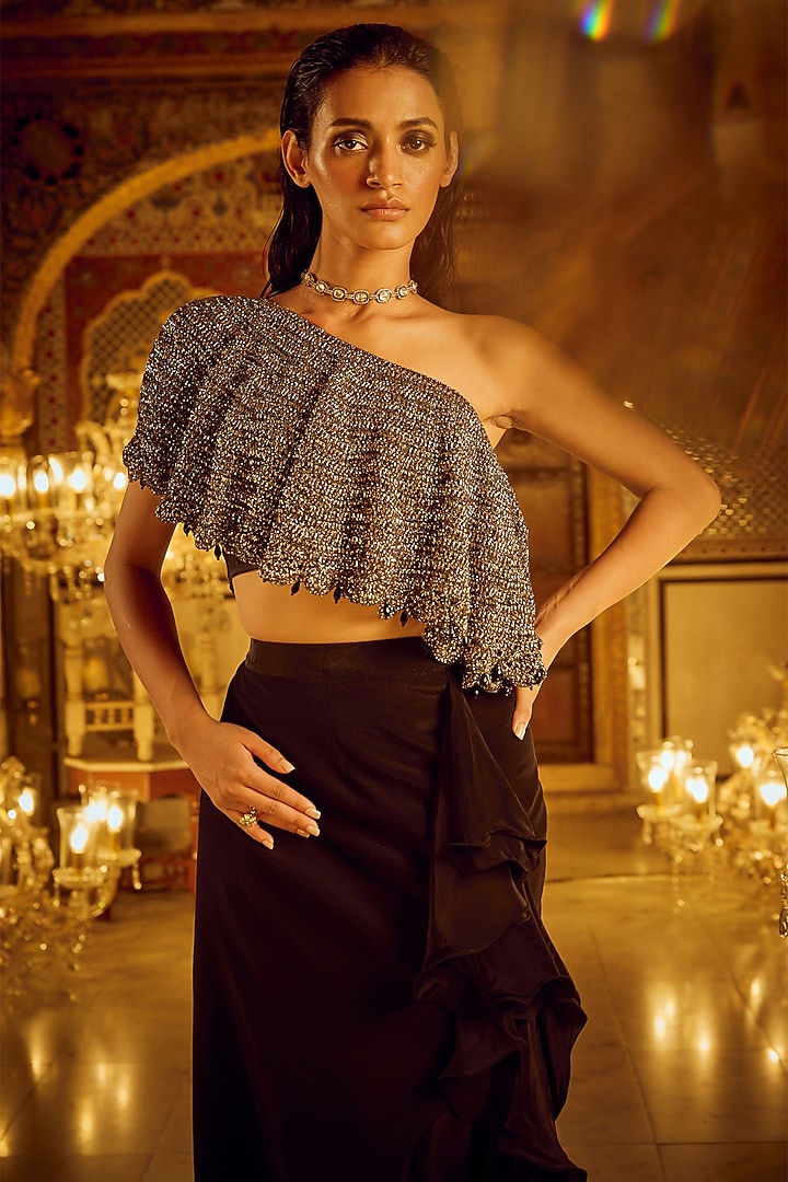 Black Crepe Ruffled Skirt Set by Nikita Vishakha at Pernia's Pop Up Shop