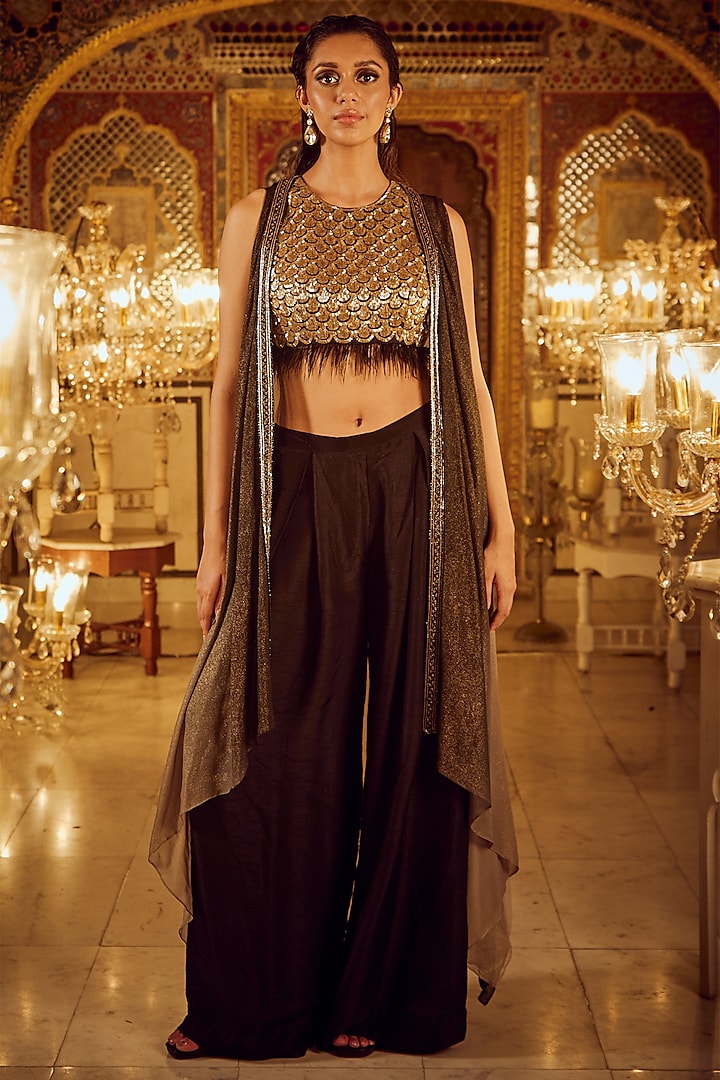 Black Raw Silk Pleated Pant Set by Nikita Vishakha at Pernia's Pop Up Shop