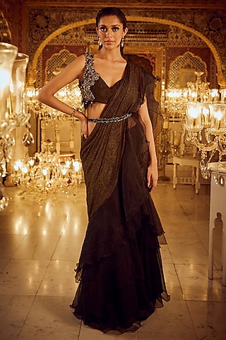 Black Silk Organza Ruffled Saree Set by Nikita Vishakha