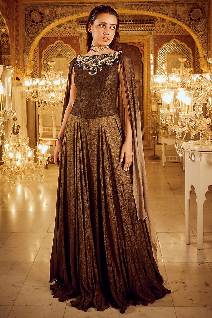 Black Shimmer & Butter Crepe Embroidered Gown by Nikita Vishakha at Pernia's Pop Up Shop