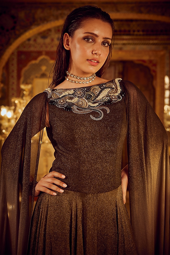 Black Shimmer & Butter Crepe Embroidered Engagement Gown by Nikita Vishakha at Pernia's Pop Up Shop